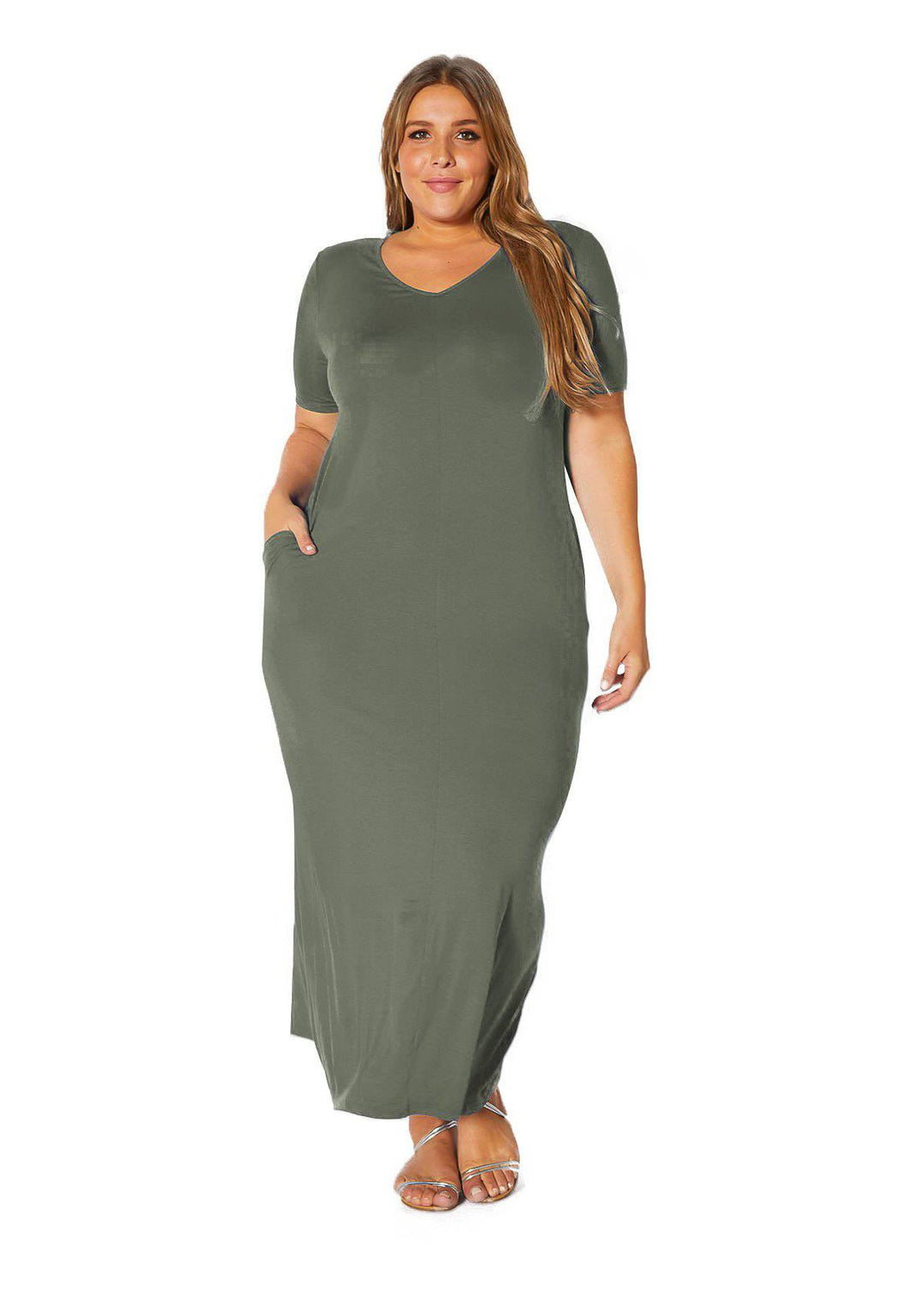 Plus Size V-neck Short Sleeve Maxi Dress With Pockets