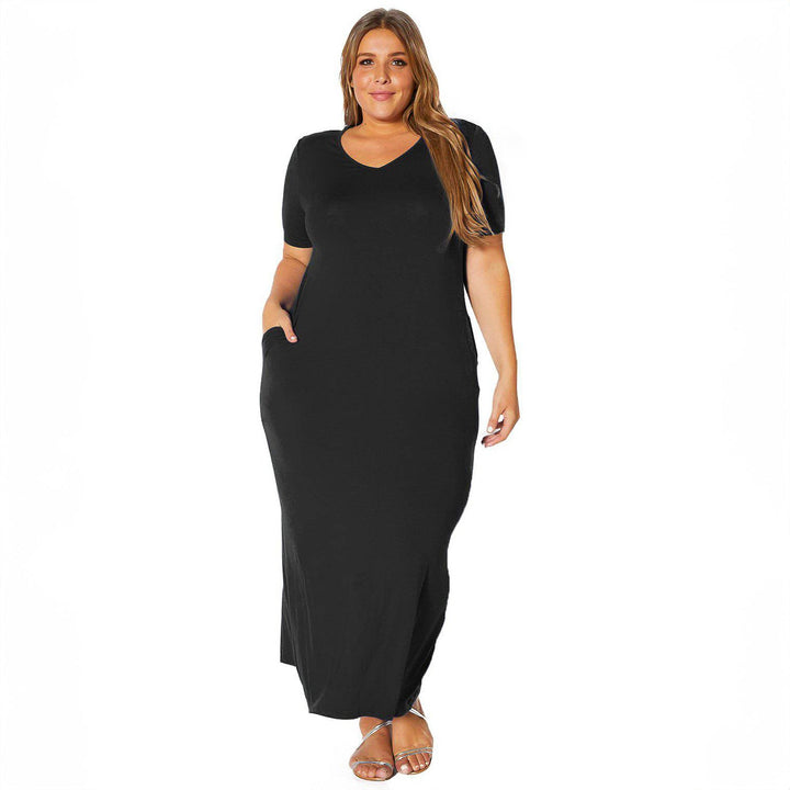 Plus Size V-neck Short Sleeve Maxi Dress With Pockets