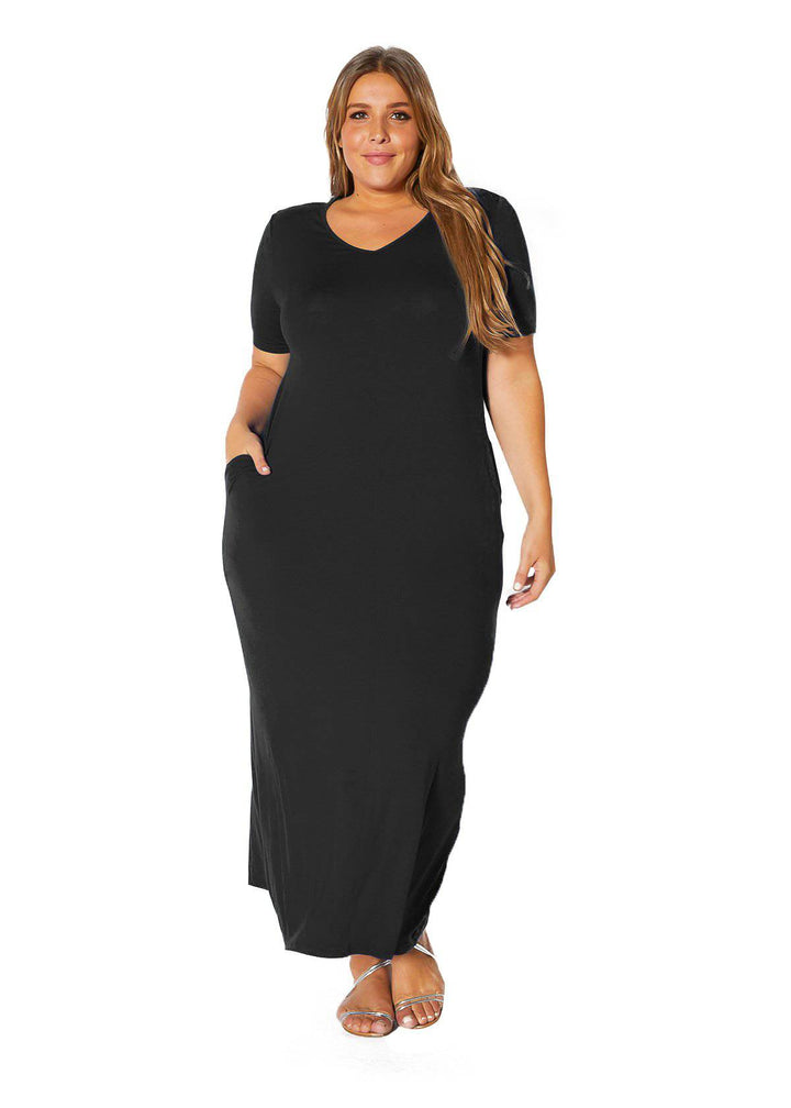 Plus Size V-neck Short Sleeve Maxi Dress With Pockets