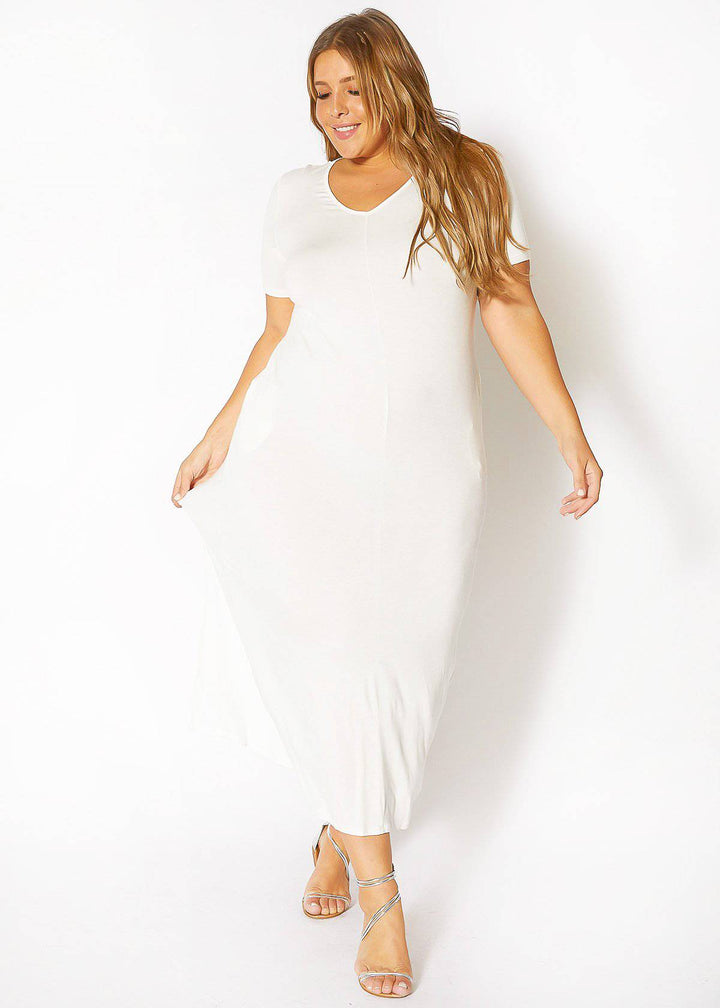 Plus Size V-neck Short Sleeve Maxi Dress With Pockets