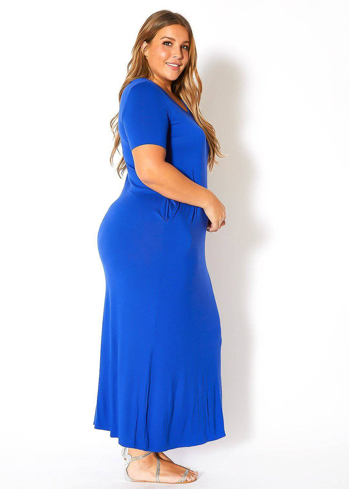 Plus Size V-neck Short Sleeve Maxi Dress With Pockets