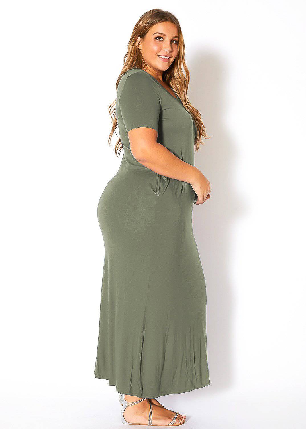 Plus Size V-neck Short Sleeve Maxi Dress With Pockets