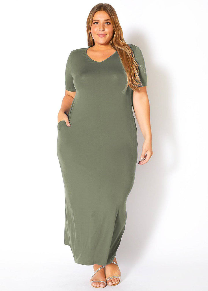 Plus Size V-neck Short Sleeve Maxi Dress With Pockets