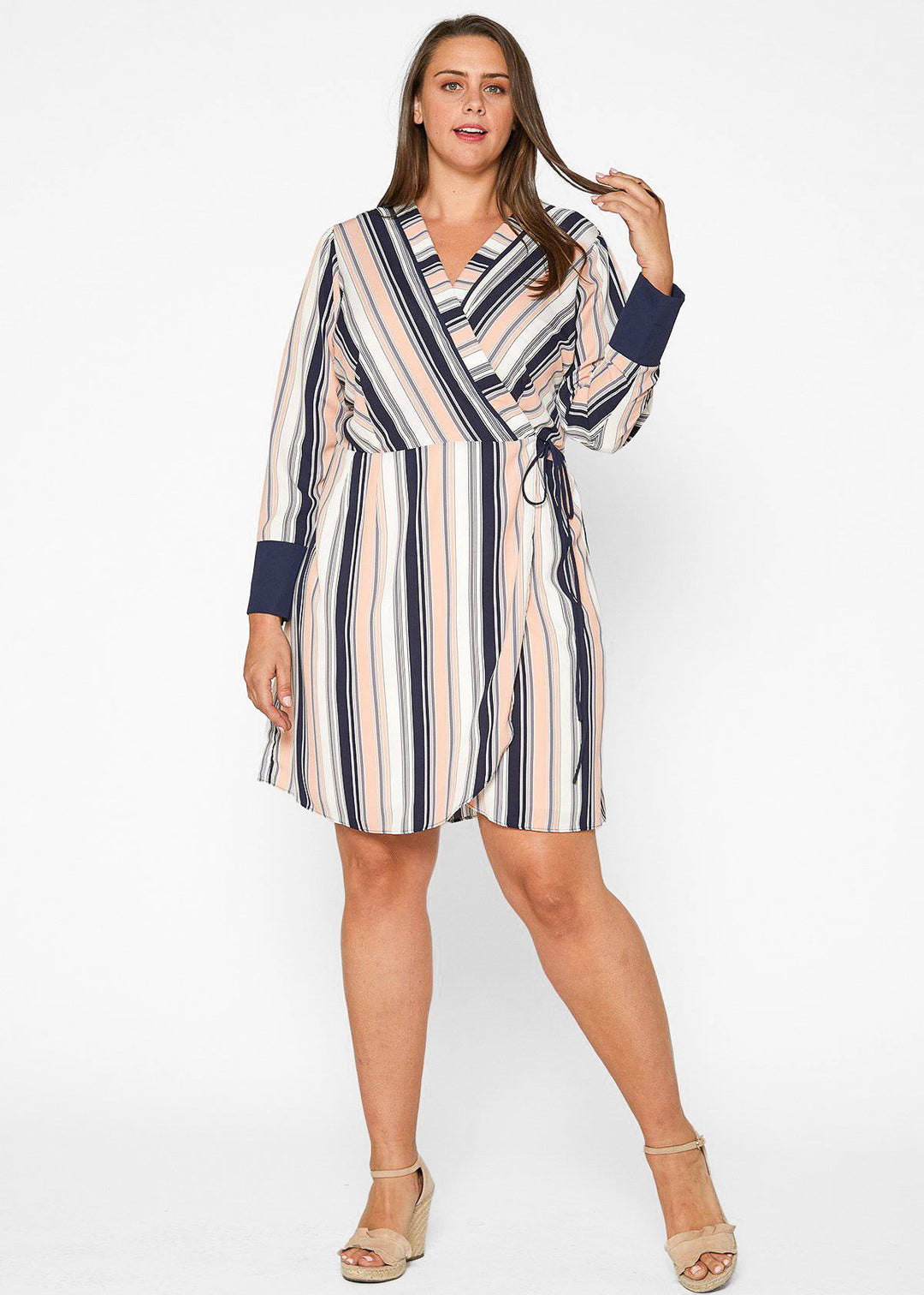 Plus Size Printed Wrap Dress With Cuff Binding in Multi