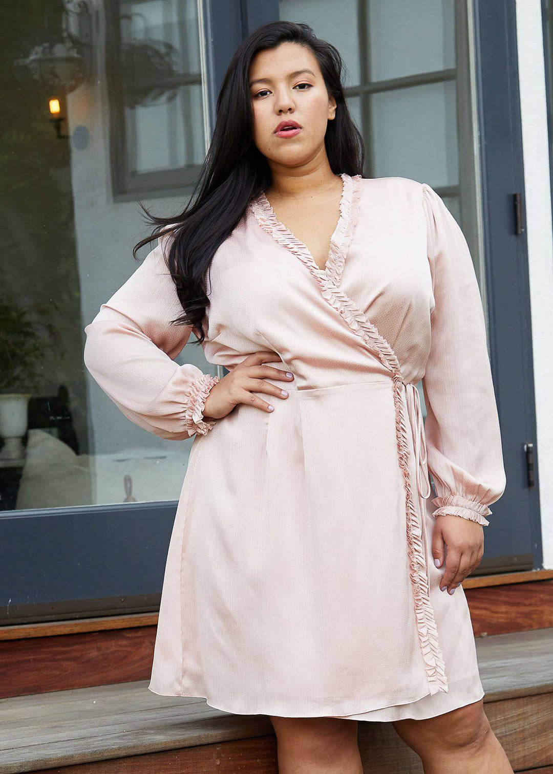 Plus Size Ruffle Trim Long Sleeve Wrap Dress