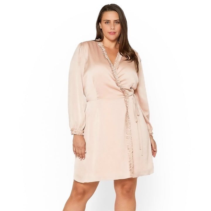 Plus Size Ruffle Trim Long Sleeve Wrap Dress