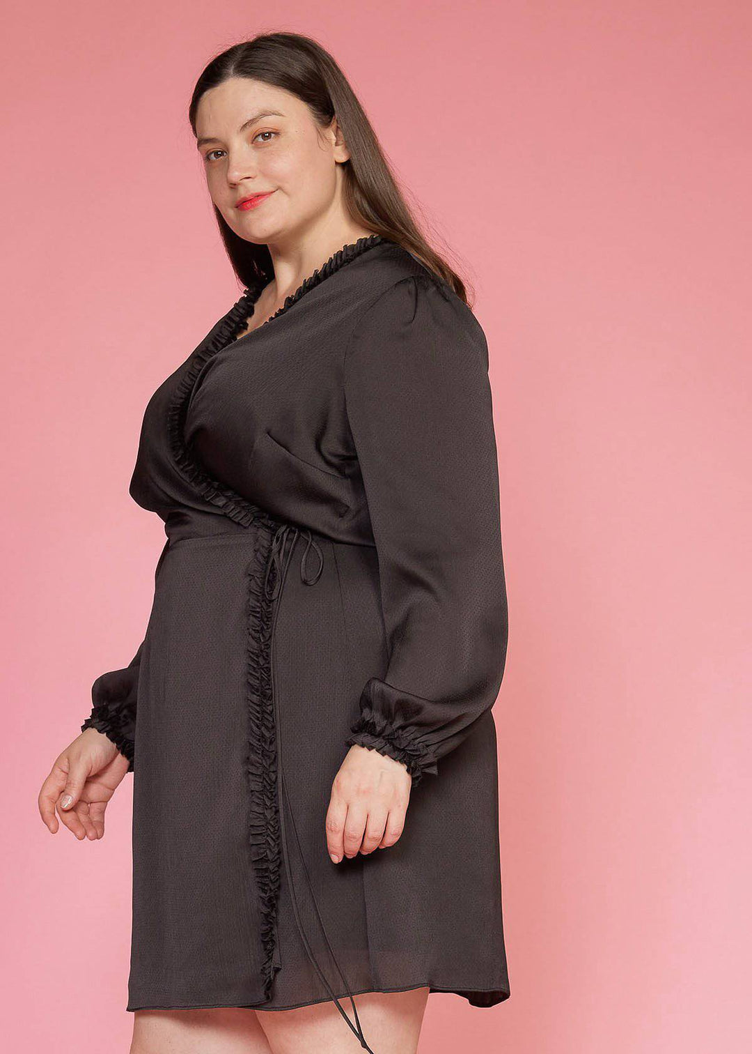 Plus Size Ruffle Trim Long Sleeve Wrap Dress in Black