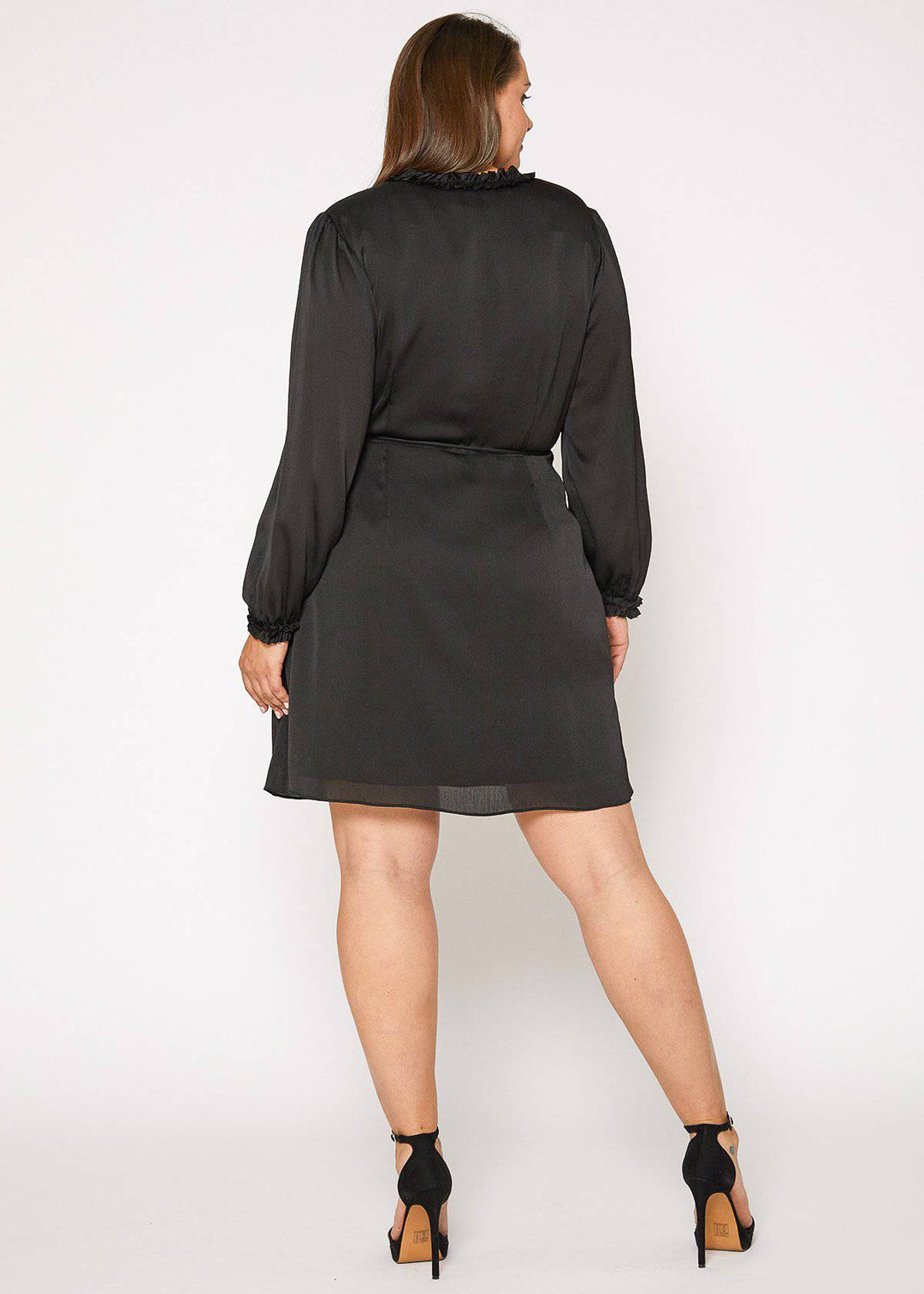 Plus Size Ruffle Trim Long Sleeve Wrap Dress in Black