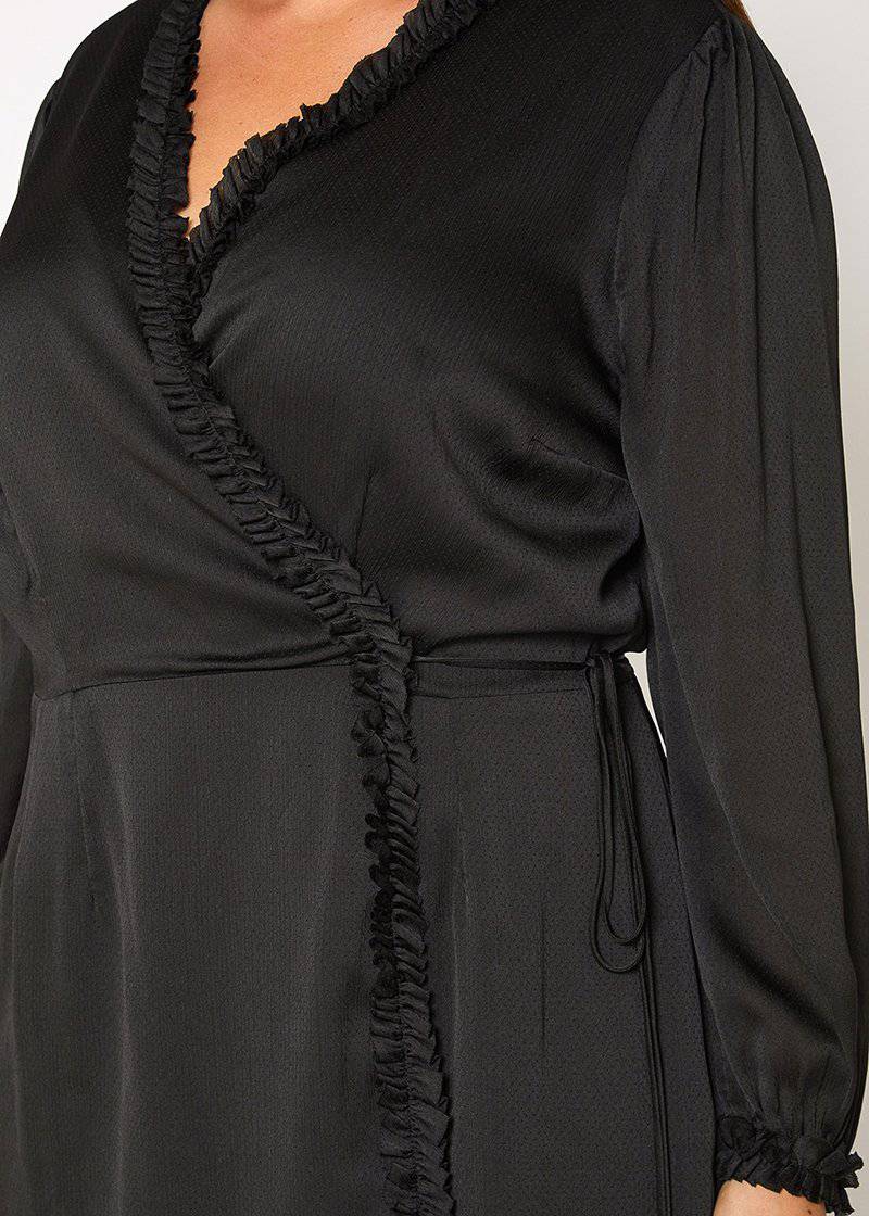 Plus Size Ruffle Trim Long Sleeve Wrap Dress in Black