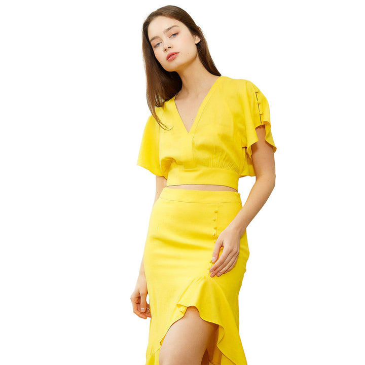 Women's Asymmetrical Hem Button Front Skirt in Yellow