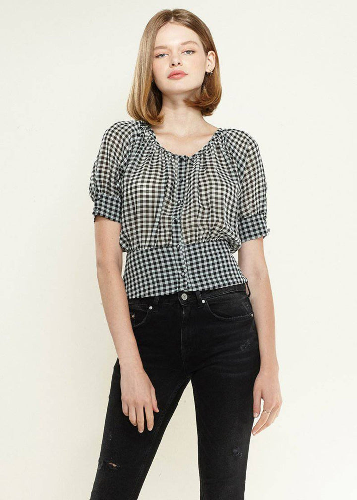 Women's Button Down Peplum Cropped Blouse in Black