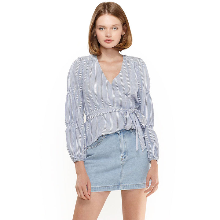 Smocked Sleeve Stripe Wrap Blouse in Blue