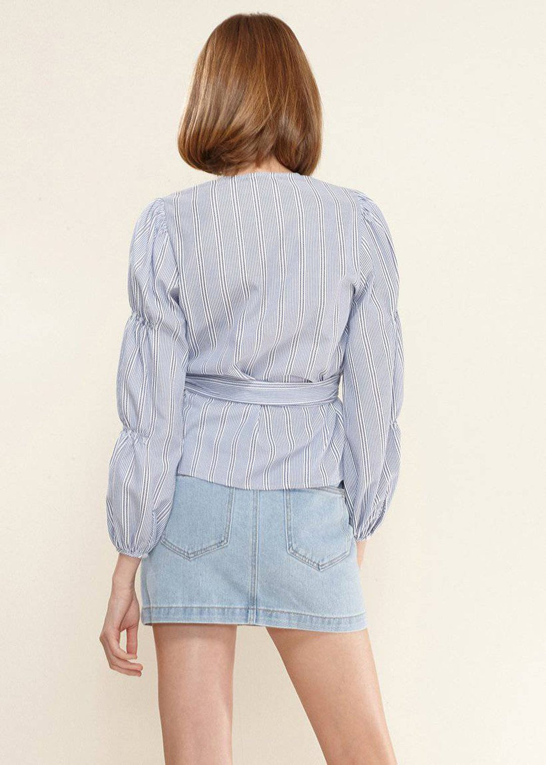 Smocked Sleeve Stripe Wrap Blouse in Blue