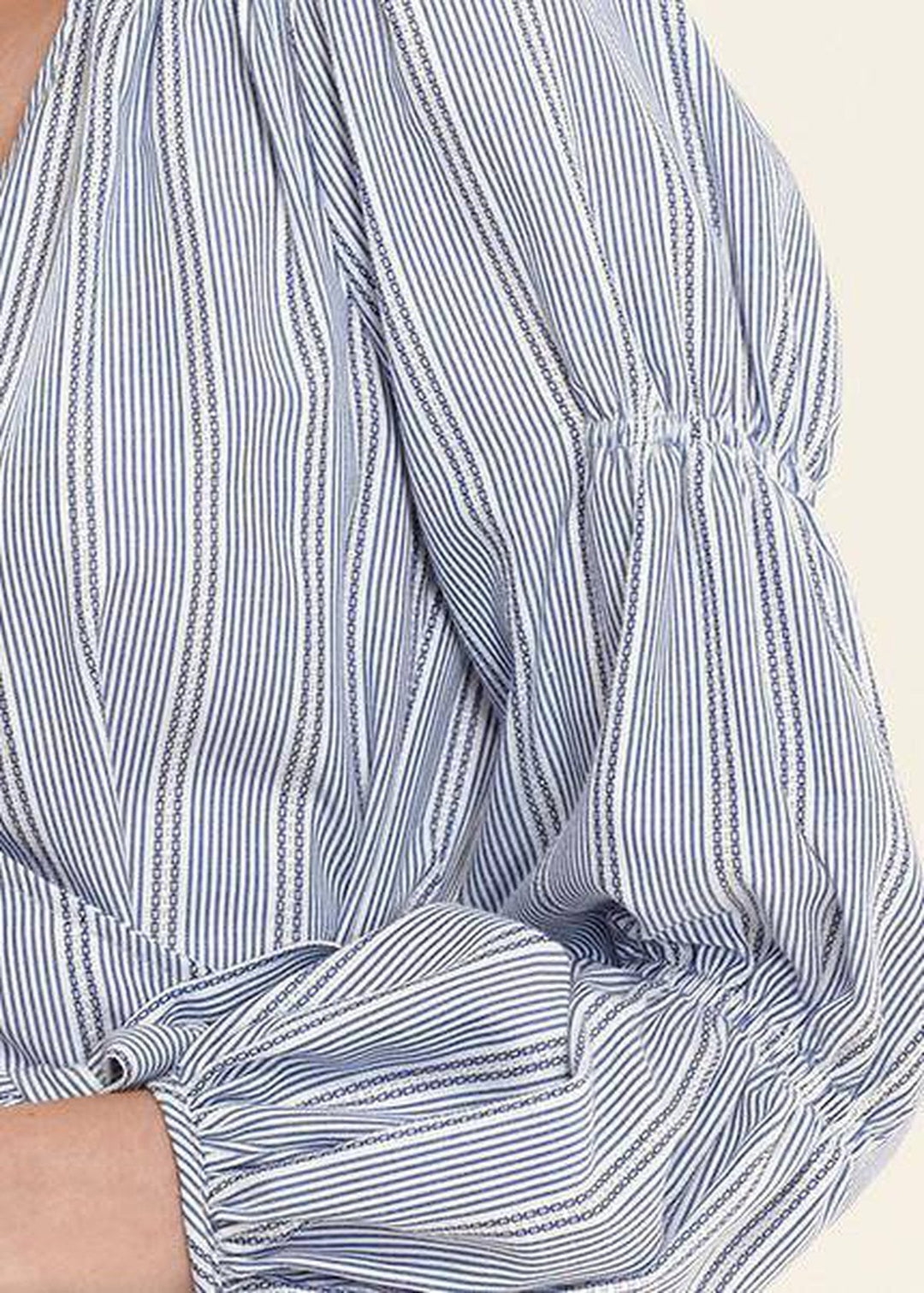 Smocked Sleeve Stripe Wrap Blouse in Blue