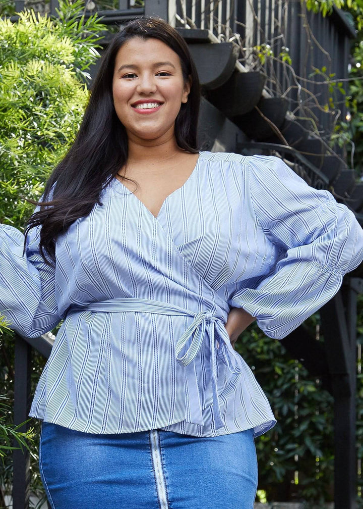 Plus Size Stripe Wrap Blouse in Blue