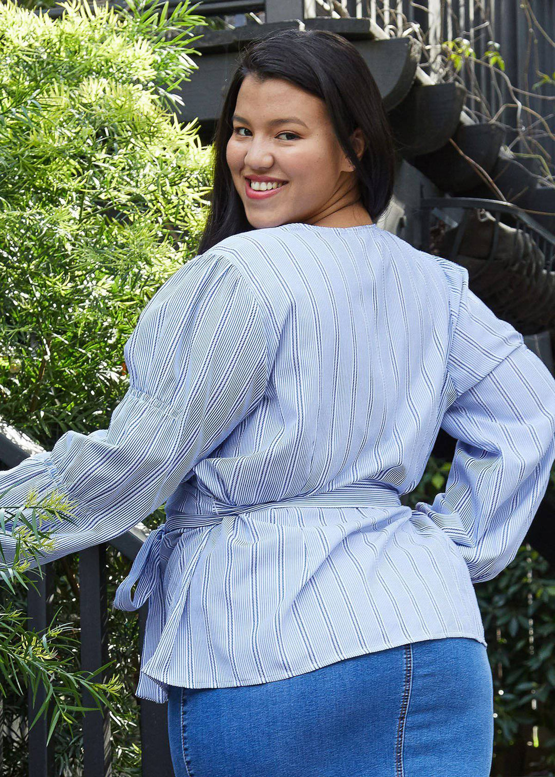 Plus Size Stripe Wrap Blouse in Blue