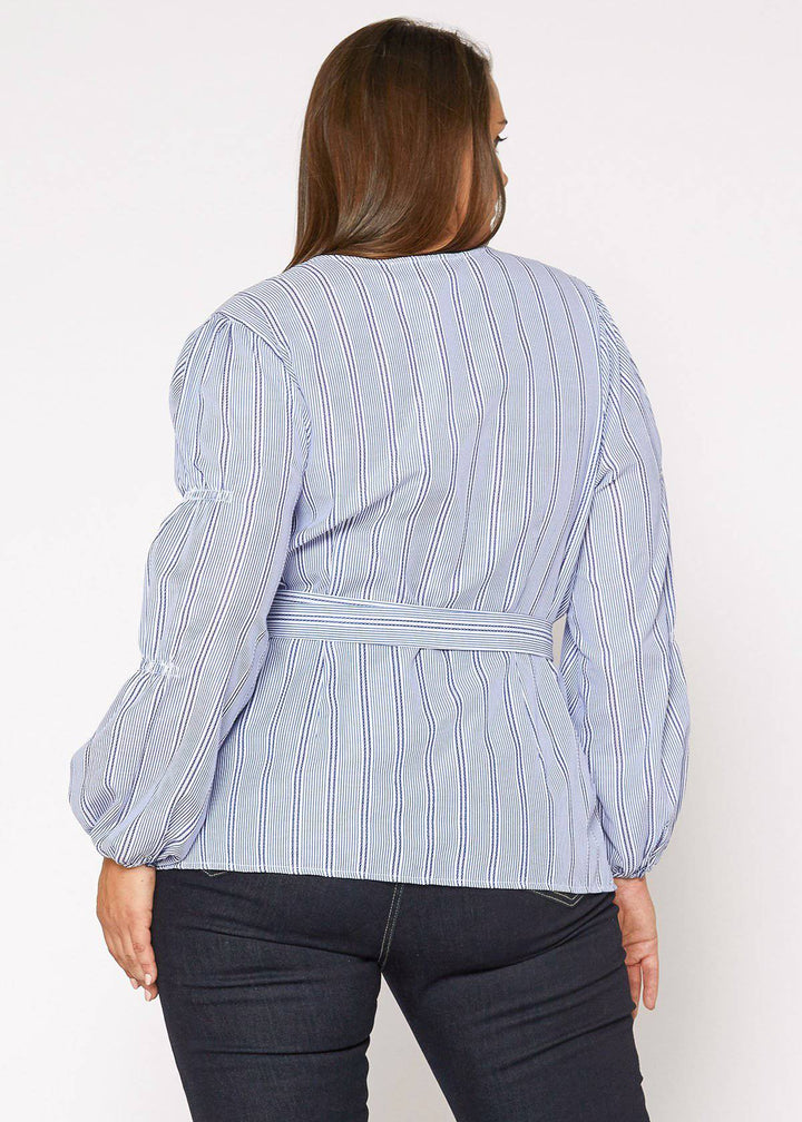 Plus Size Stripe Wrap Blouse in Blue