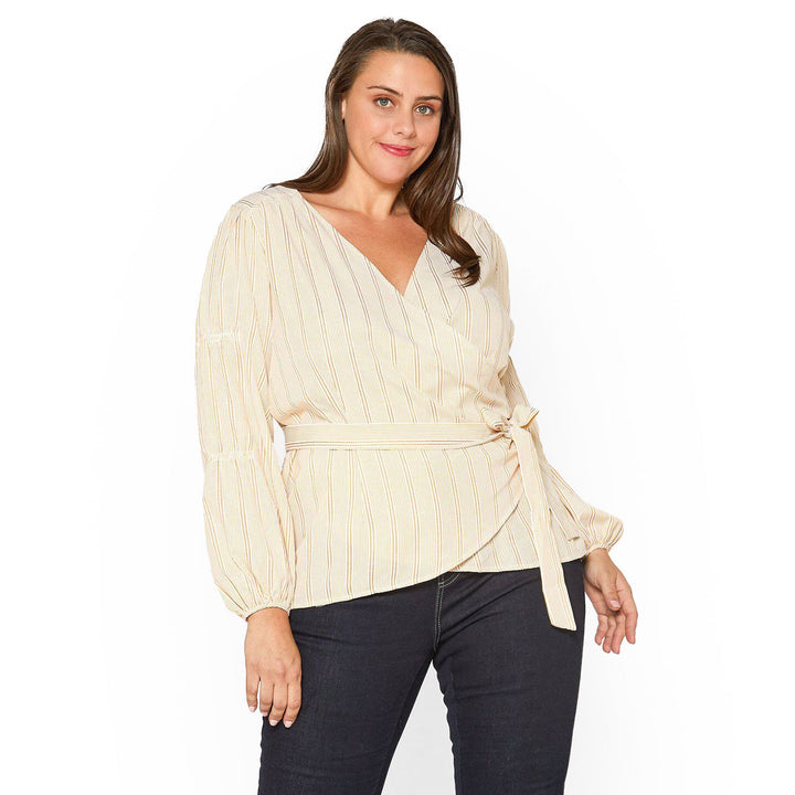 Plus Size Stripe Wrap Blouse In Yellow