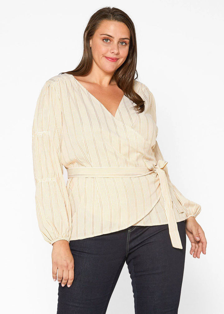 Plus Size Stripe Wrap Blouse In Yellow