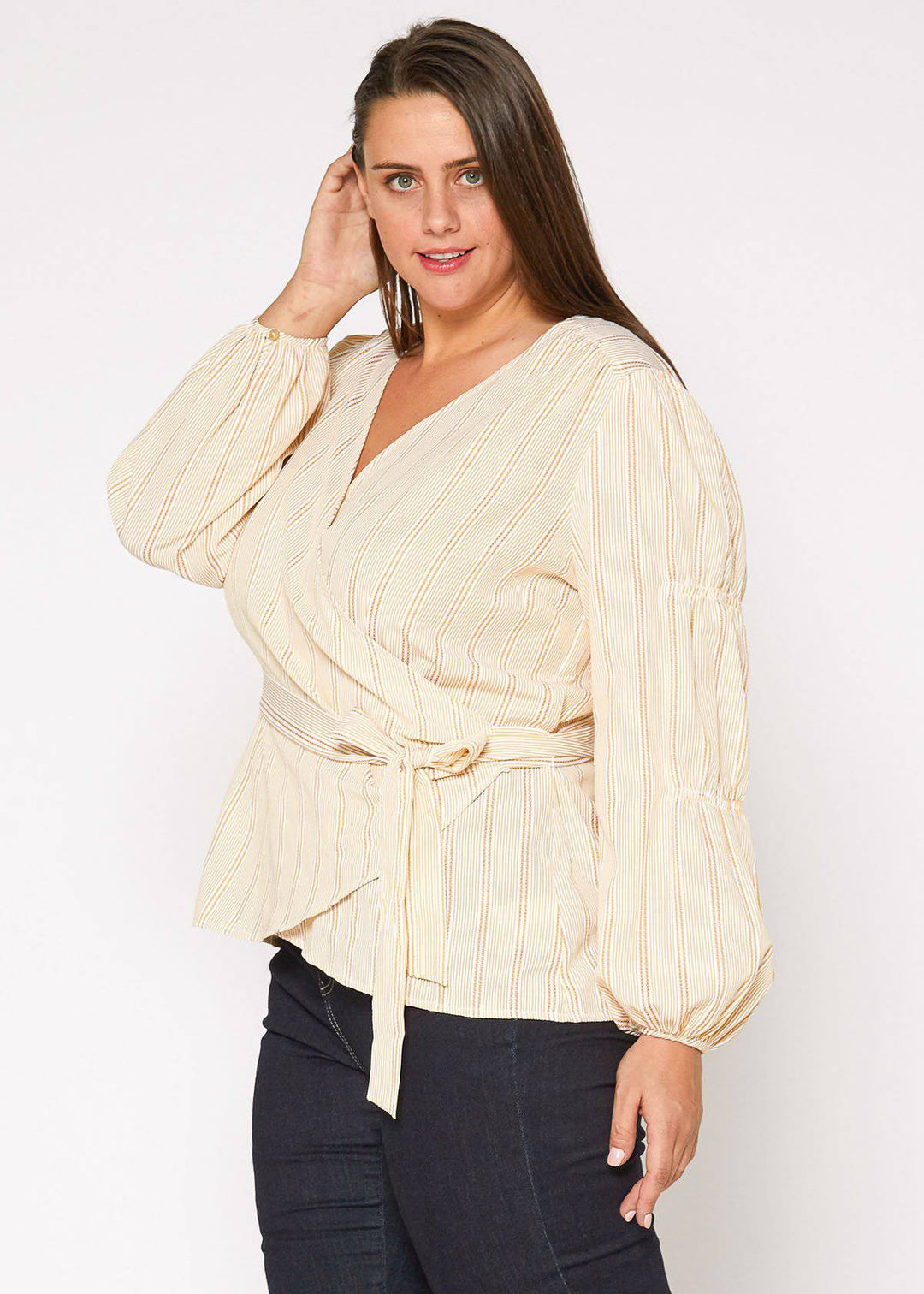 Plus Size Stripe Wrap Blouse In Yellow