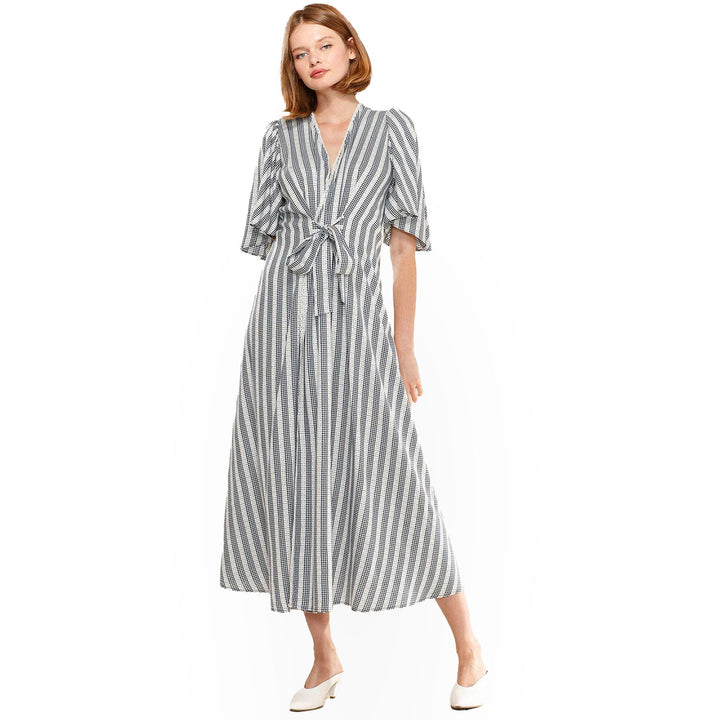 Women's Lace Trim Tie Front Maxi Dress in Ditsy Gingham