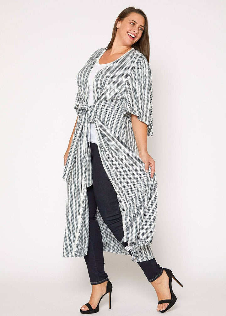 Plus Size Lace Trim Tie Front Maxi Cardigan in Ditsy Gingham