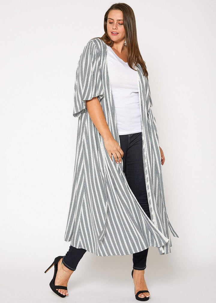 Plus Size Lace Trim Tie Front Maxi Cardigan in Ditsy Gingham