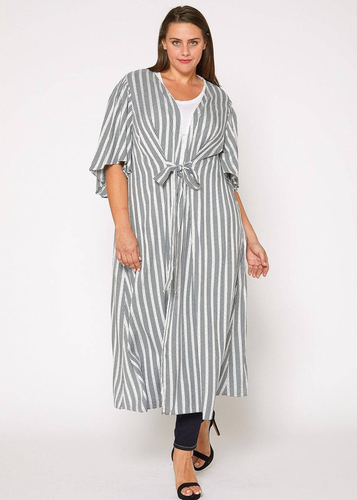 Plus Size Lace Trim Tie Front Maxi Cardigan in Ditsy Gingham