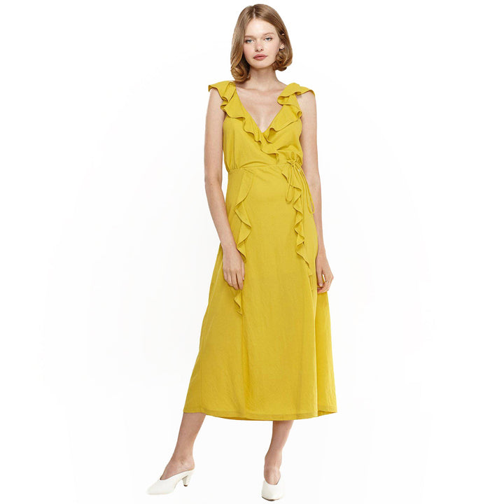 Women's Ruffle Trim Wrapped Maxi Dress in Mustard