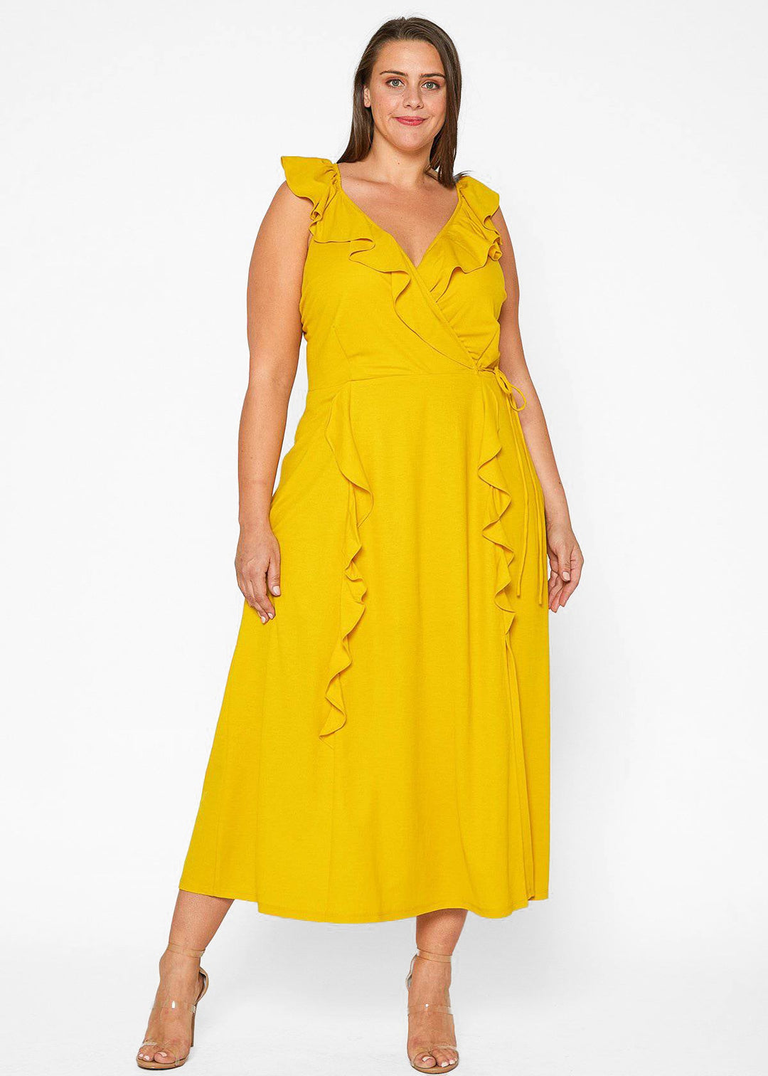 Plus Size Ruffle Trim Wrapped Maxi Dress in Mustard