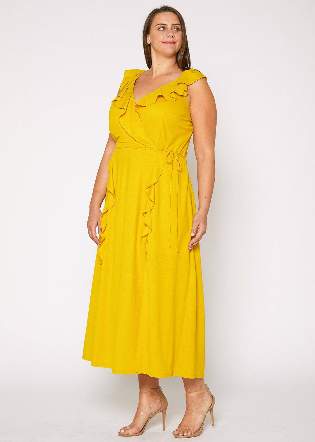 Plus Size Ruffle Trim Wrapped Maxi Dress in Mustard