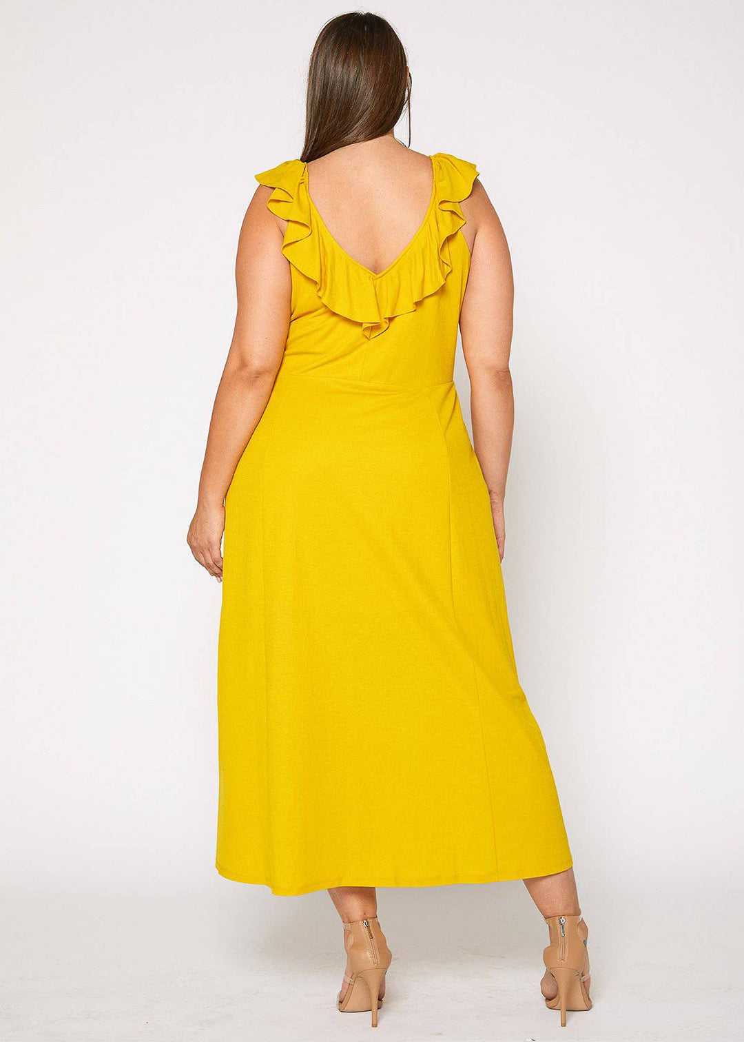 Plus Size Ruffle Trim Wrapped Maxi Dress in Mustard