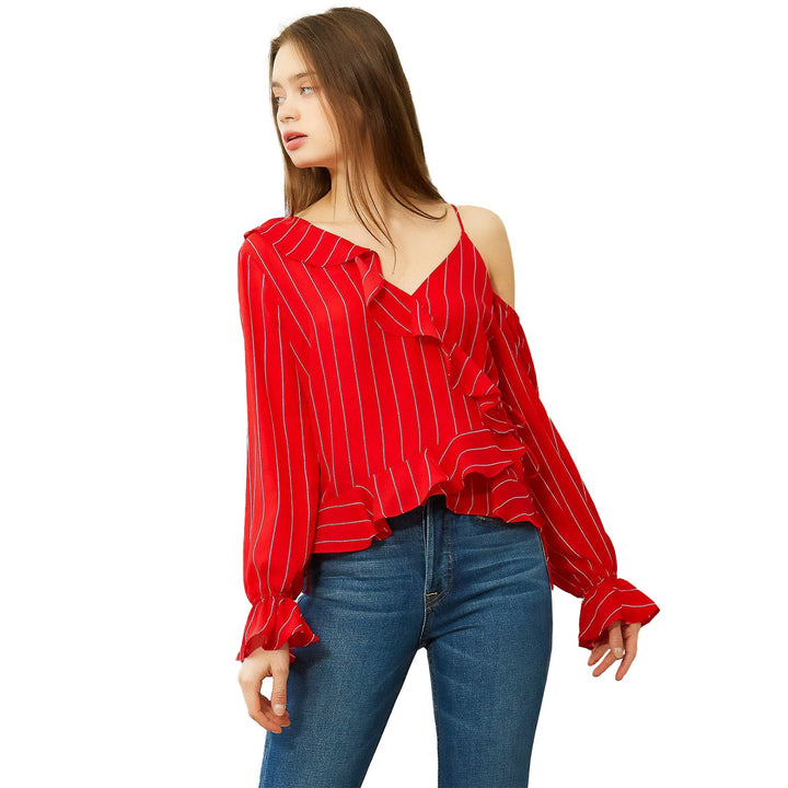 Women's Asymmetrical Shoulder Ruffle Blouse in Red