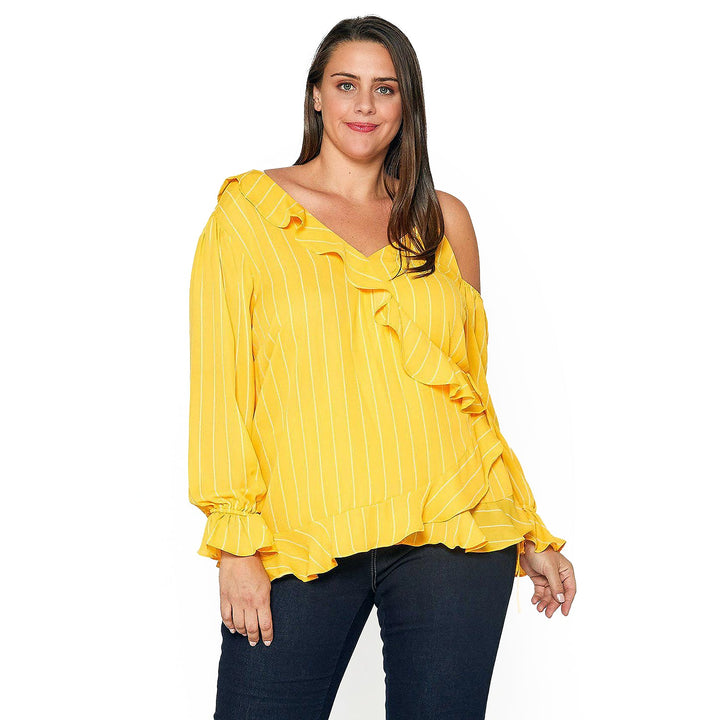 Plus Size Asymmetrical Shoulder Ruffle Blouse