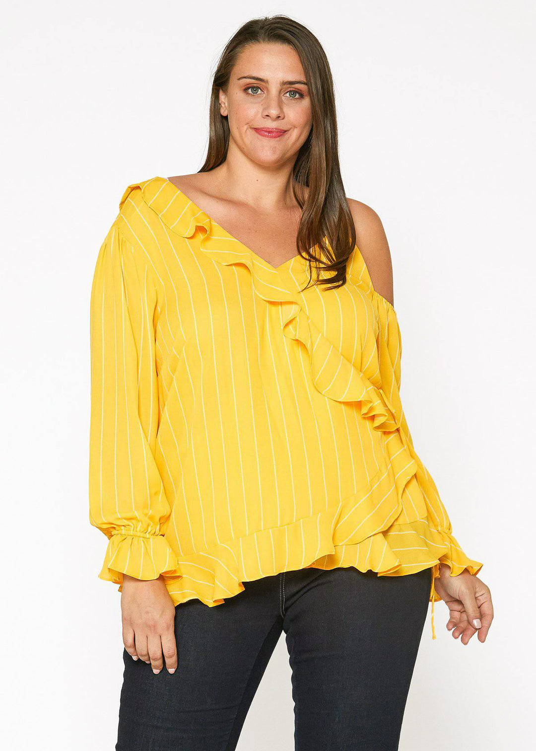 Plus Size Asymmetrical Shoulder Ruffle Blouse