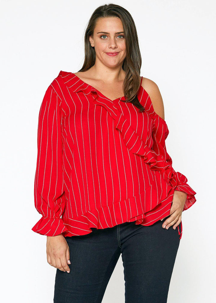 Plus Size Asymmetrical Shoulder Ruffle Blouse