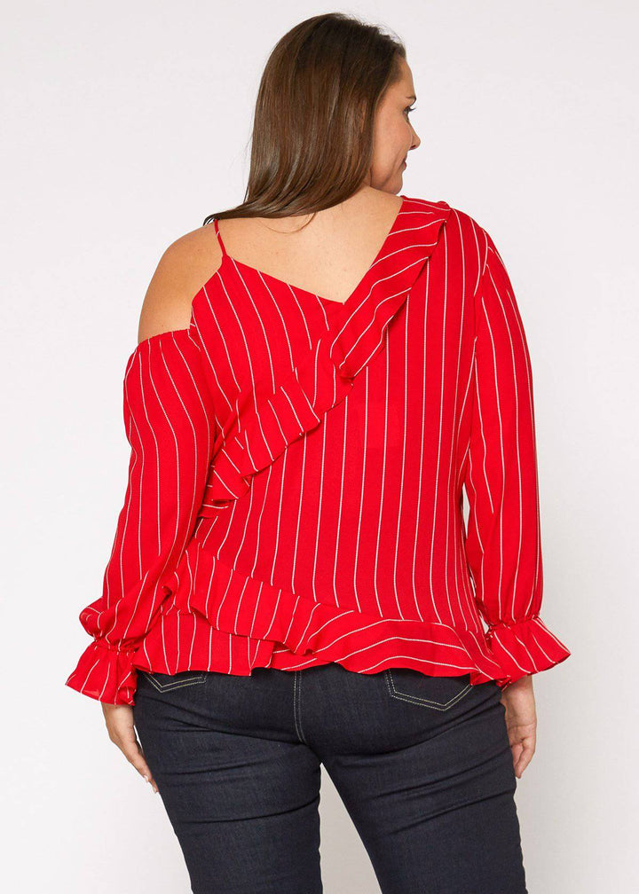 Plus Size Asymmetrical Shoulder Ruffle Blouse