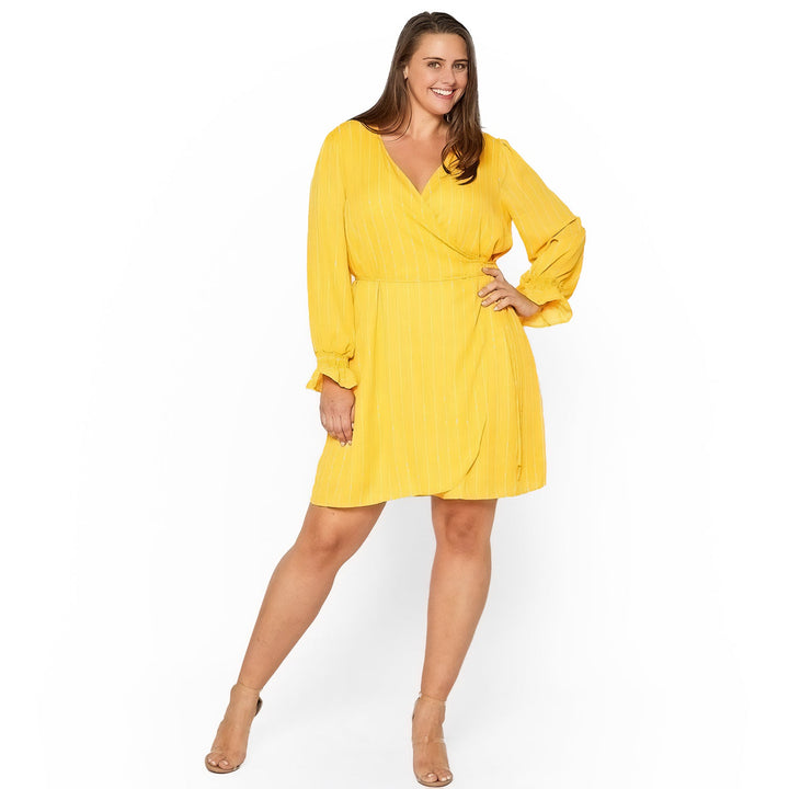 Plus Size Smocked Bell Sleeve Wrap Dress in Yellow