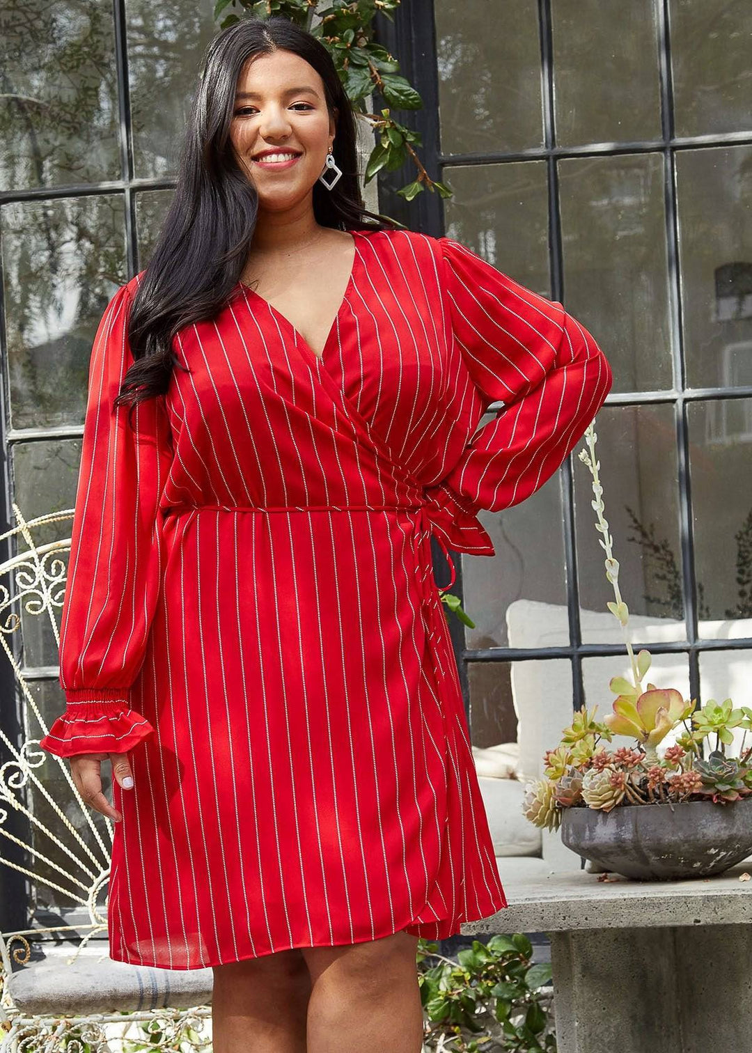 Plus Size Smocked Bell Sleeve Wrap Dress in Red