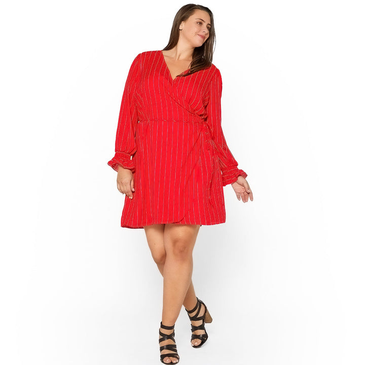 Plus Size Smocked Bell Sleeve Wrap Dress in Red