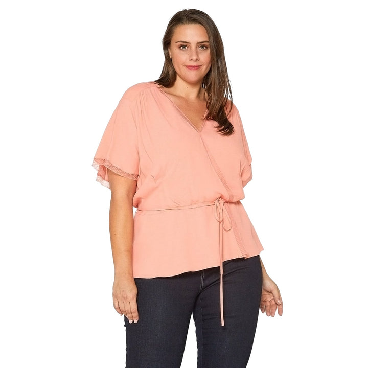 Plus Size Lace Trim Cape Sleeve Wrap Blouse in Coral