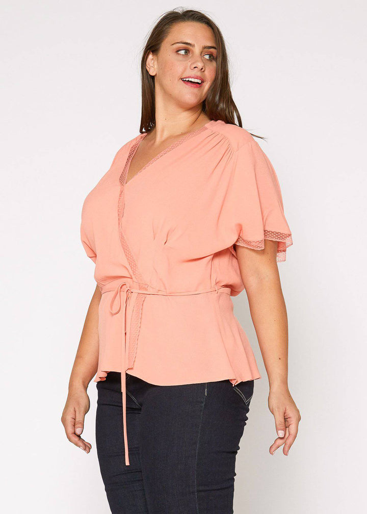 Plus Size Lace Trim Cape Sleeve Wrap Blouse in Coral