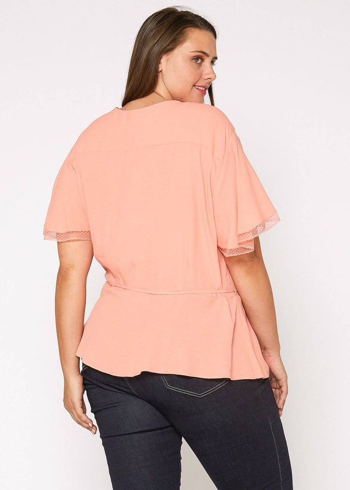 Plus Size Lace Trim Cape Sleeve Wrap Blouse in Coral