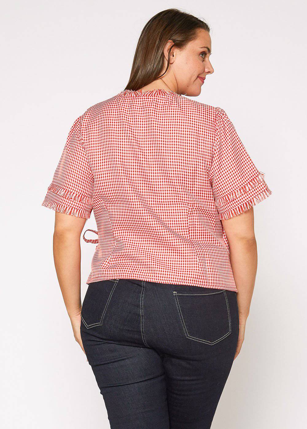 Plus Size Fringe Trim Gingham Wrap Blouse in Red Gingham