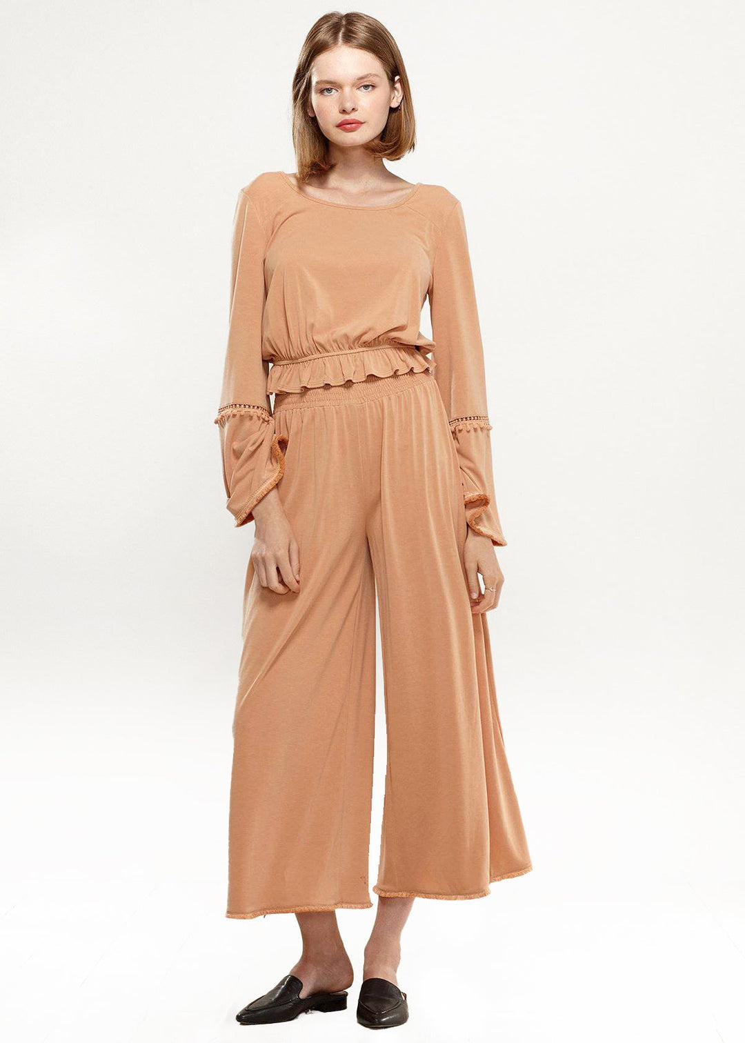 Smocked Waist Wide Leg Palazzo Pants in Apricot by Shop at Konus