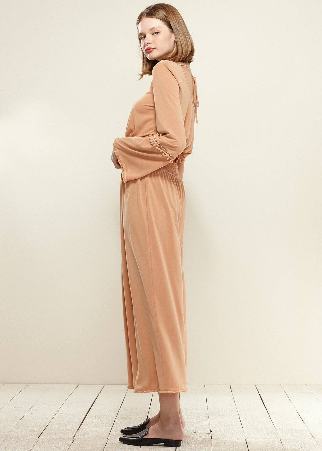 Smocked Waist Wide Leg Palazzo Pants in Apricot by Shop at Konus