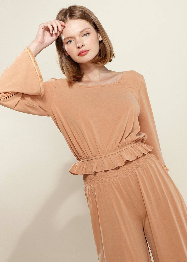 Smocked Waist Wide Leg Palazzo Pants in Apricot by Shop at Konus