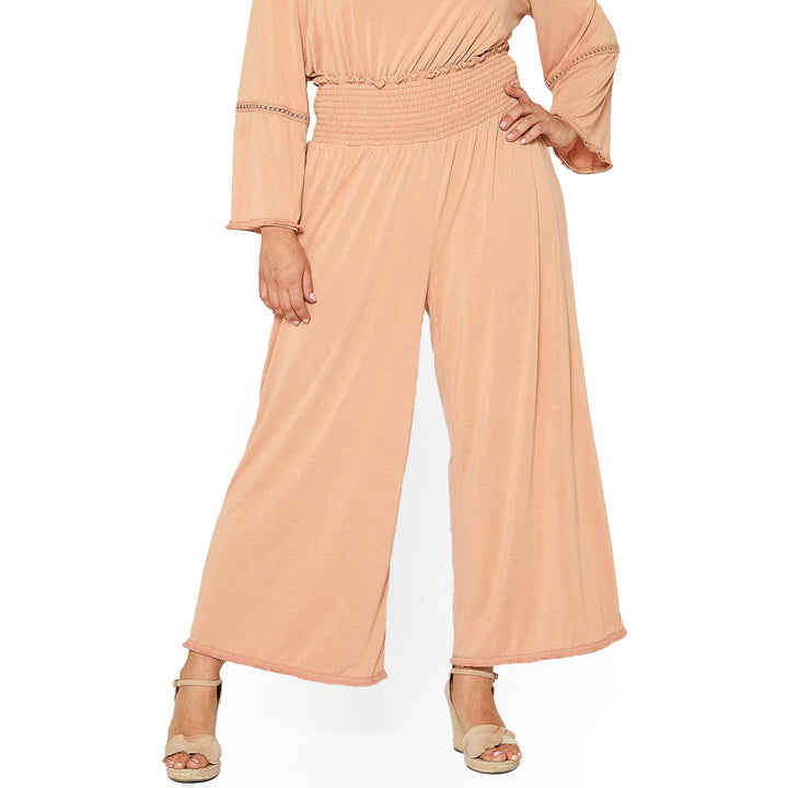 Plus Size Smocked Waist Wide Leg Palazzo Pants in Apricot by Shop at Konus