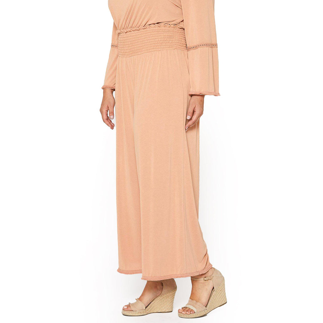 Plus Size Smocked Waist Wide Leg Palazzo Pants in Apricot by Shop at Konus