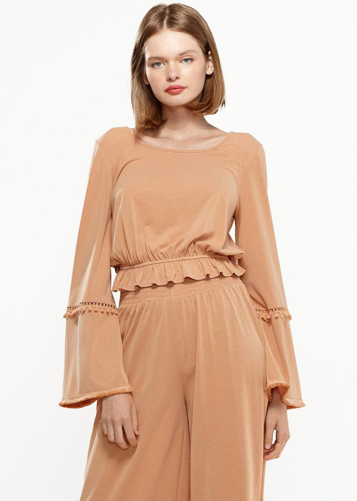 Women's Fringe Cuff Bell Sleeve Top in Apricot by Shop at Konus